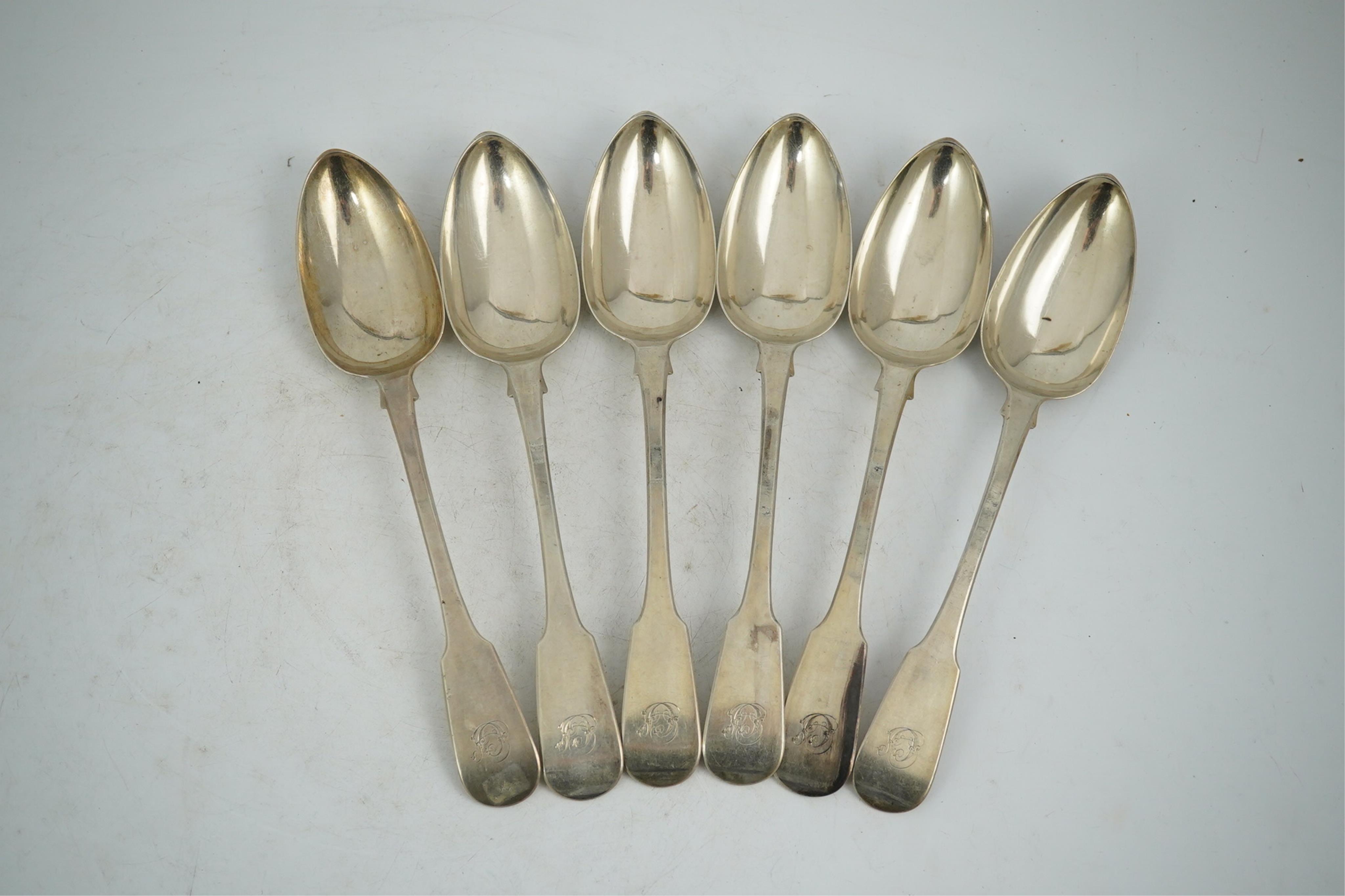 A set of six George IV Scottish silver fiddle pattern table spoons, Andrew Wilkie, Edinburgh, 1825, 13.2oz.